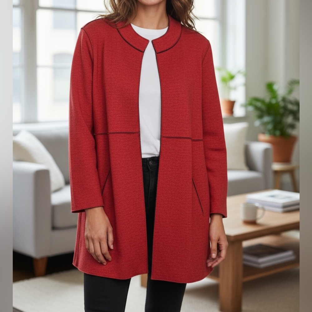 Eileen Fisher Merino Wool Lady Coat Cardigan Jardigan Large L Red